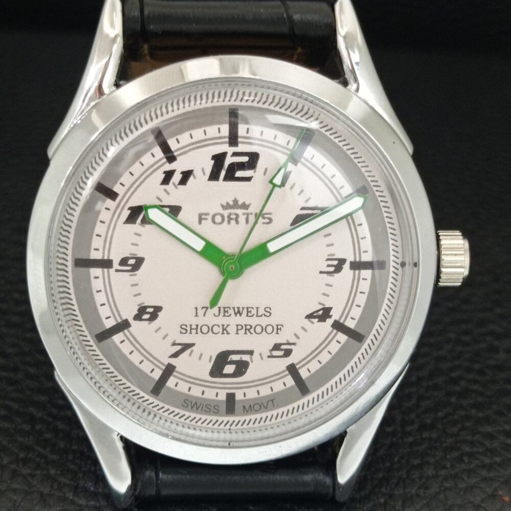 Vintage 1975 Fortis Manual Mens Silver Watch W/Leather Strap & Green accents - Picture 4 of 9